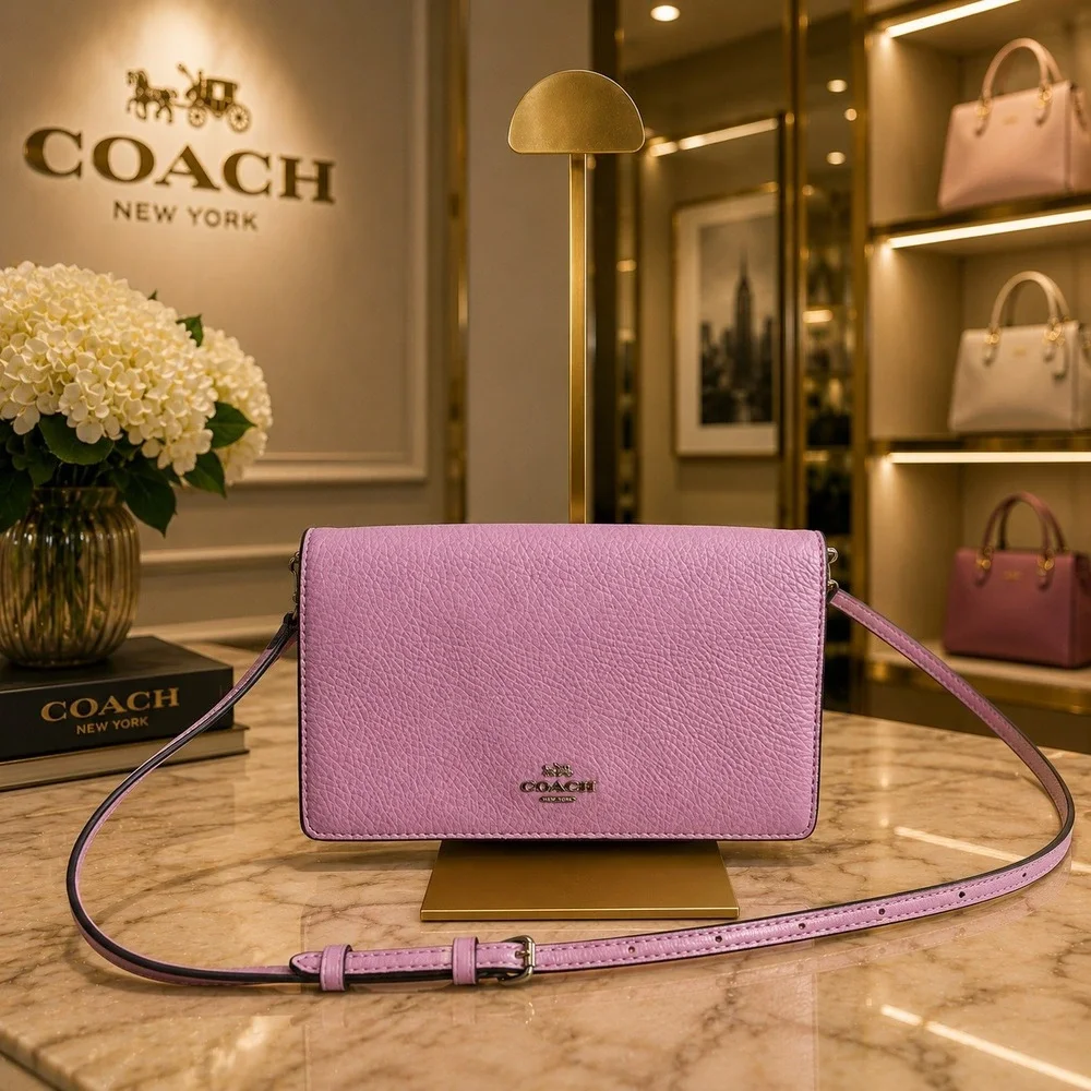 Coach Anna Foldover Clutch Crossbody Bag Lilac Pink Pebbled Leather